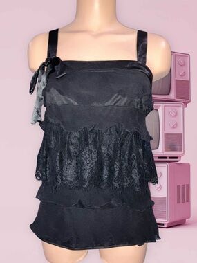Vintage Guess Jeans Black Lace Satin Tank Top Y2K Grunge Goth Fairy Cami Sz S